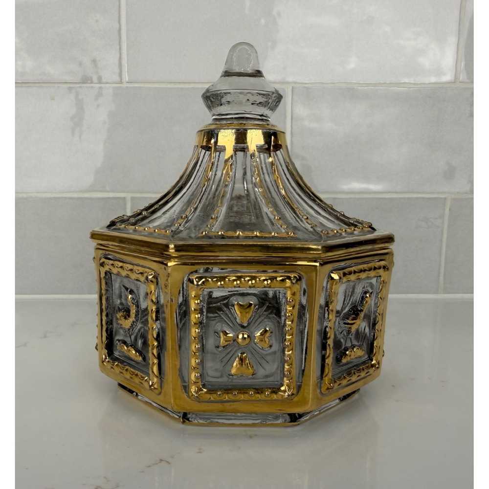 Imperial Glass Octagonal Trinket Box Gold Gilt Bird Flower Candy Dish With Lid